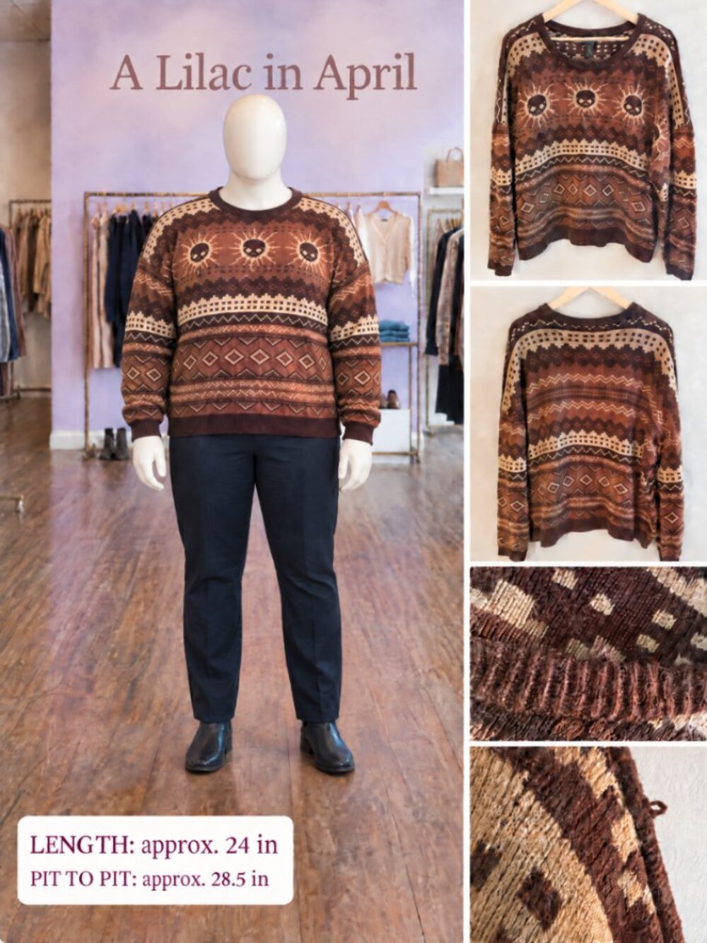Social Collision Brown Skull Sun Fair Isle unisex Crewneck Sweater 2X
